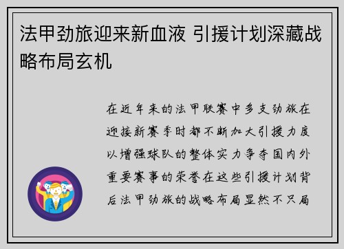 法甲劲旅迎来新血液 引援计划深藏战略布局玄机