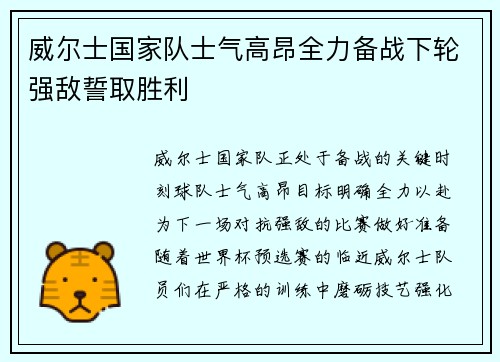 威尔士国家队士气高昂全力备战下轮强敌誓取胜利