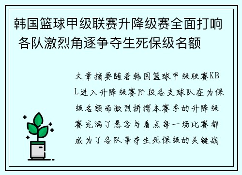 韩国篮球甲级联赛升降级赛全面打响 各队激烈角逐争夺生死保级名额